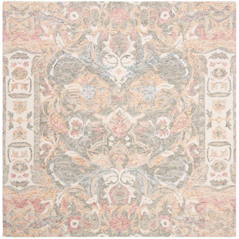 Ivory Floral Handmade Wool Square Area Rug, 6' x 6'