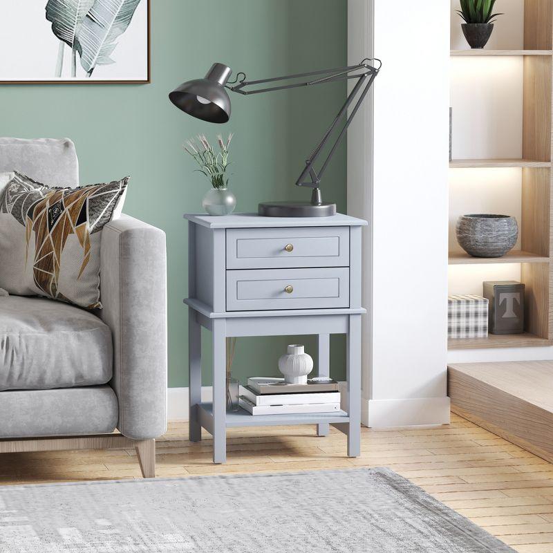 Light Gray MDF Side Table with Storage Drawers and Shelf