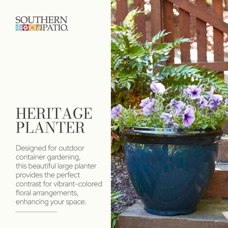 Southern Patio 12 Inch Heritage Round Outdoor Patio Porch Resin Plastic Lightweight Planter Pot w/ Glossy Finish, Monaco Blue