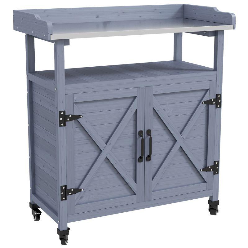 Gray Wooden Potting Bench with Aluminum Top and Storage