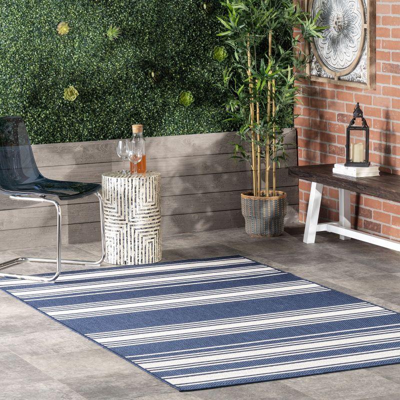 Navy and White Striped Rectangular Synthetic Area Rug