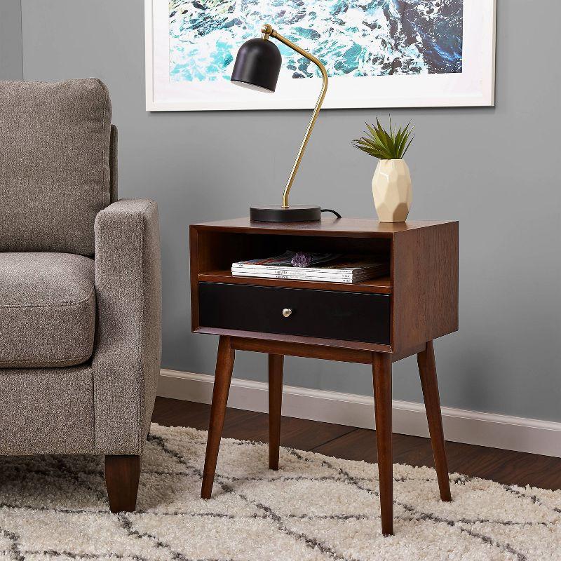 Calvin Mid-Century Brown Wood Side Table with Storage Drawer