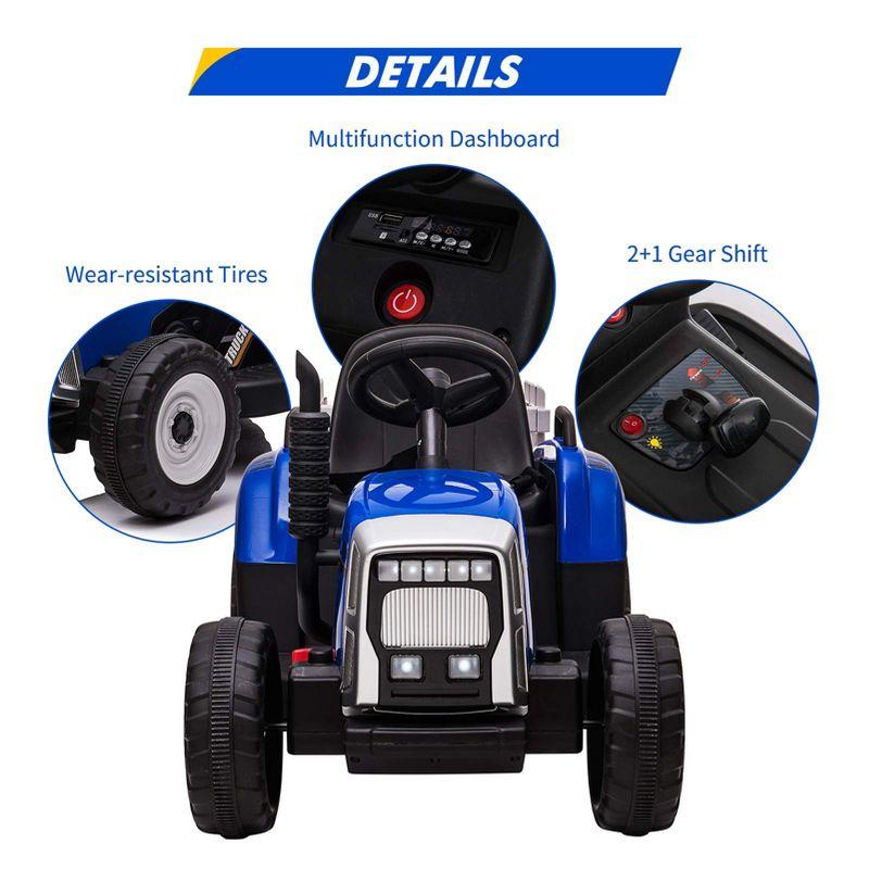 12V Kids Battery Powered Electric Tractor with Trailer, Toddler Ride On Car, RC, 7-LED Headlights/ 2+1 Gear Shif, for Kids