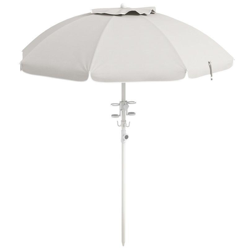 Outsunny 5.7' Beach Umbrella with Cup Holders, Hooks, Vented Canopy, Portable Outdoor Umbrella, Cream White