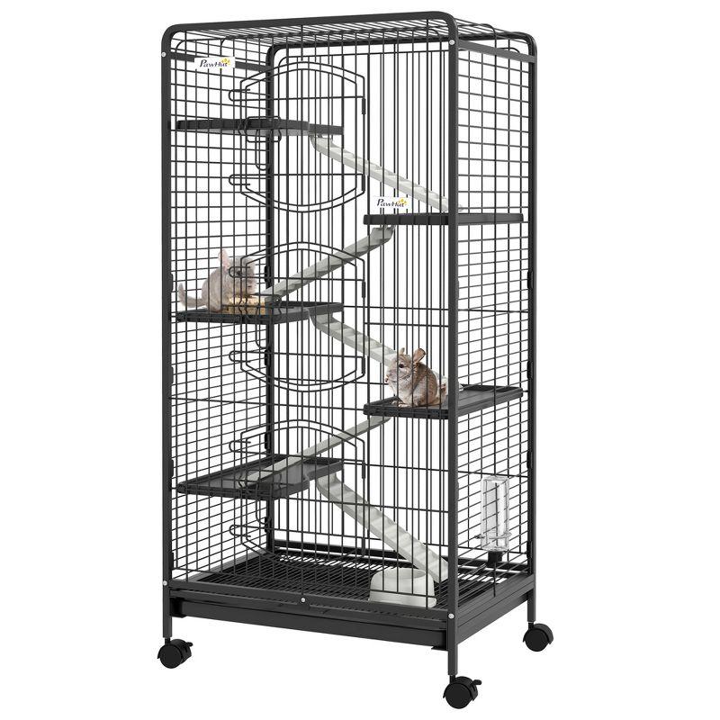 PawHut 6 Level Small Animal Cage for Dwarf Rabbits, Pet Mink, and Chinchillas w/ Removable Tray, Ramp, Water Bottle, Food Dish, Indoor, Black