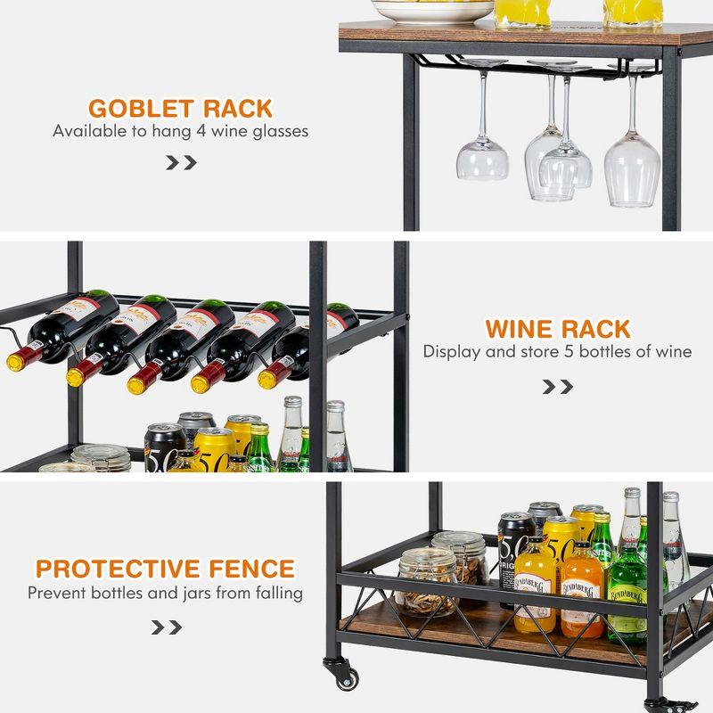 Rustic Brown and Black Rolling Bar Cart with Wine Rack