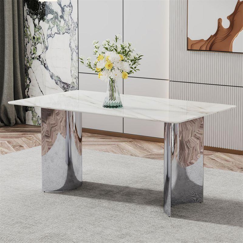 White Glass Dining Table with Stainless Steel Legs