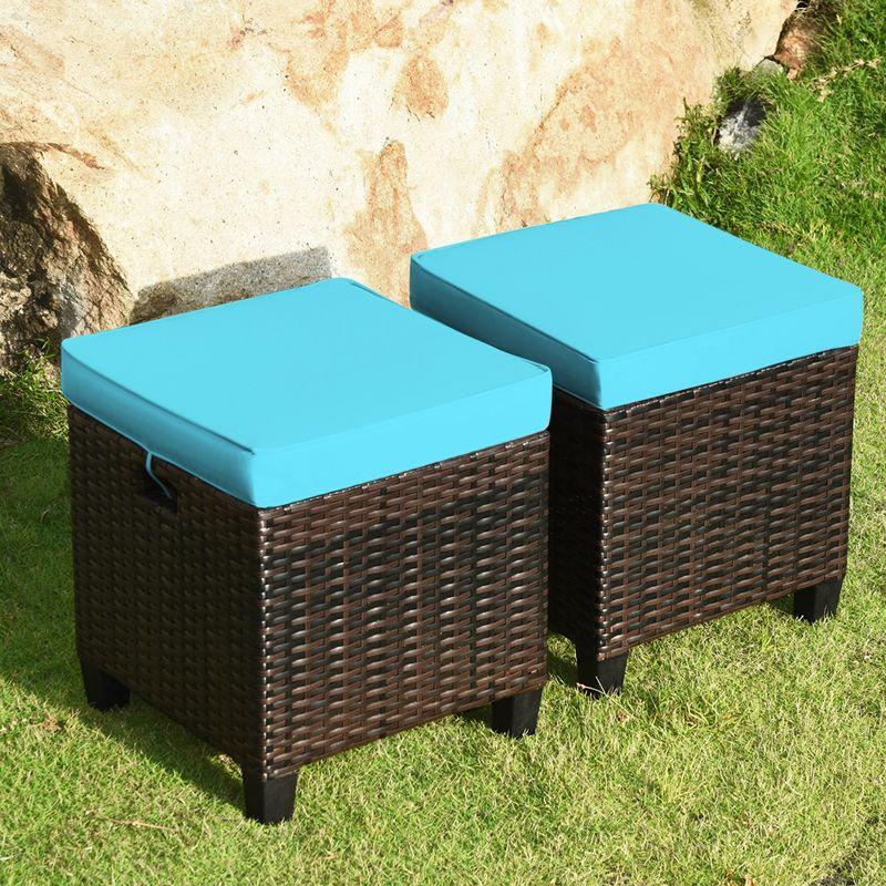 Costway 2PCS Patio Rattan Ottoman Cushioned Seat w/ Foot Rest Turquoise