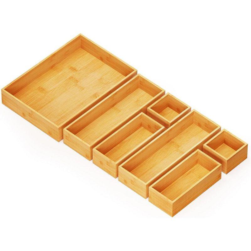 7-Piece Bamboo Drawer Organizer Set – Multi-Use Divider Bins for Kitchen, Bathroom, Office, and Makeup Storage, Natural