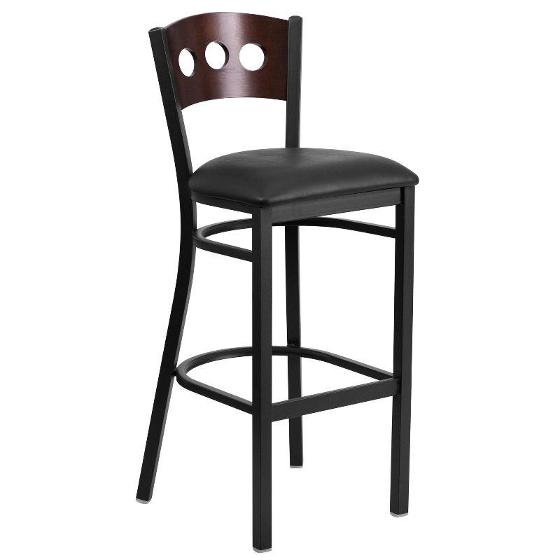 Walnut and Black Metal Barstool with Decorative Back and Vinyl Seat