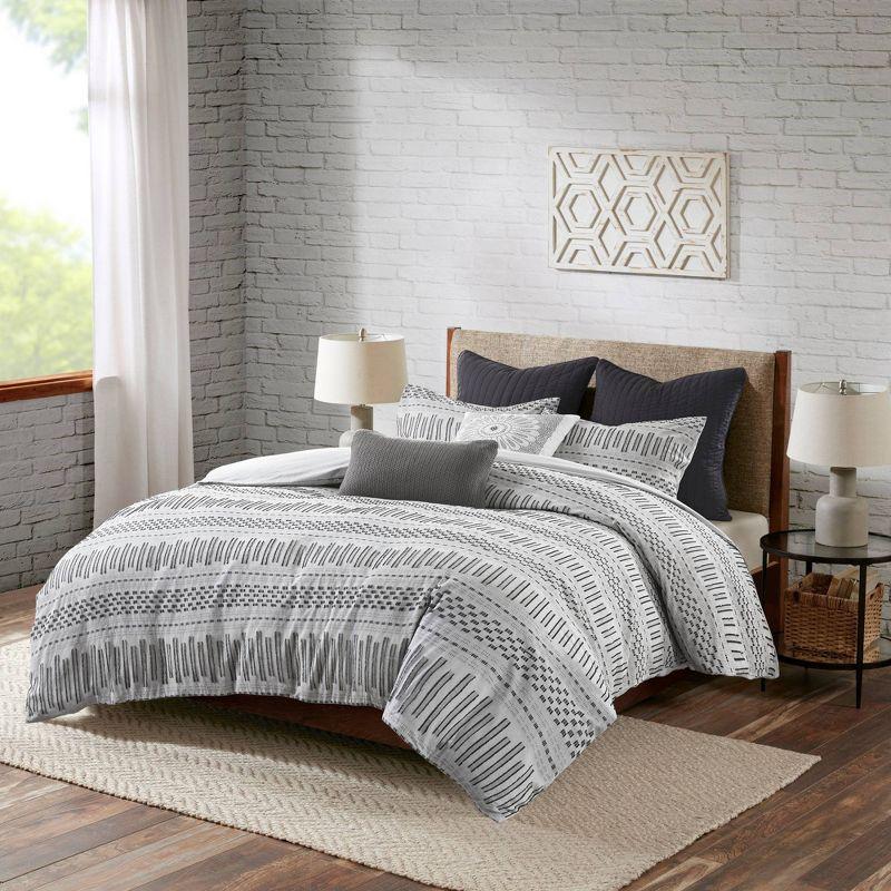 King/California King Rhea Cotton Jacquard Comforter Mini Set Black/Gray: Ink+Ivy, Geometric Pattern, OEKO-TEX Certified