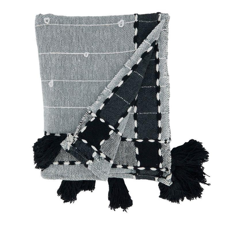 Black and White Cotton Acrylic Banded Border Tassel Throw Blanket