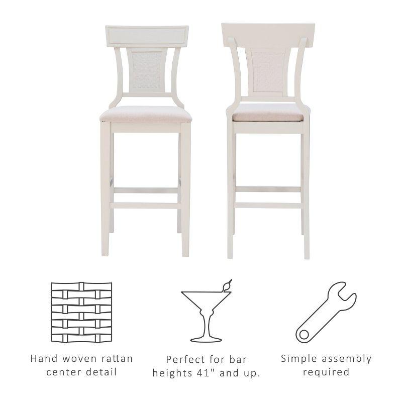 Rylan 30" Solid Wood Coastal Barstool with Hand-Woven Rattan Back, White Wash and Beige