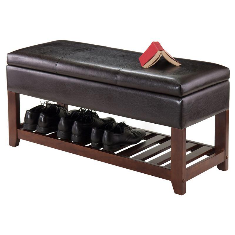 Transitional Monza Bench with Cushioned Faux Leather Seat and Storage, Walnut