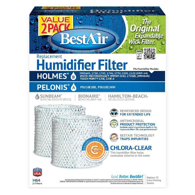 BestAir 2pk H64 Humidifier Replacement Filter for Holmes Humidifiers: Wick Filter, Captures Minerals & Bacteria, 10.1" Height