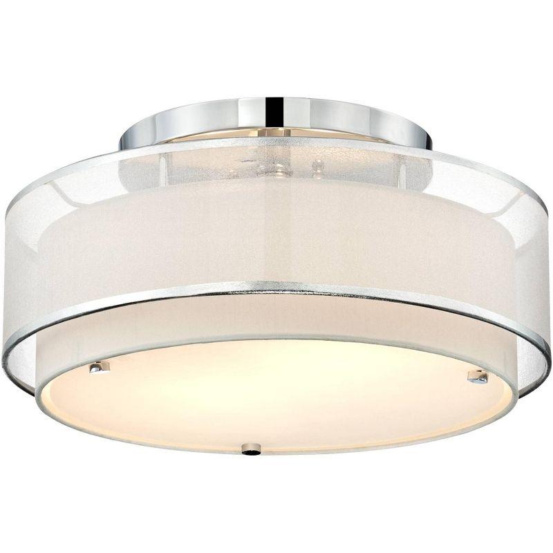 Possini Euro Design Modern Ceiling Lighting Semi Flush Mount Fixture 16" Wide Chrome 2-Light Sheer Outer Off White Inner Drum Shade for Bedroom House