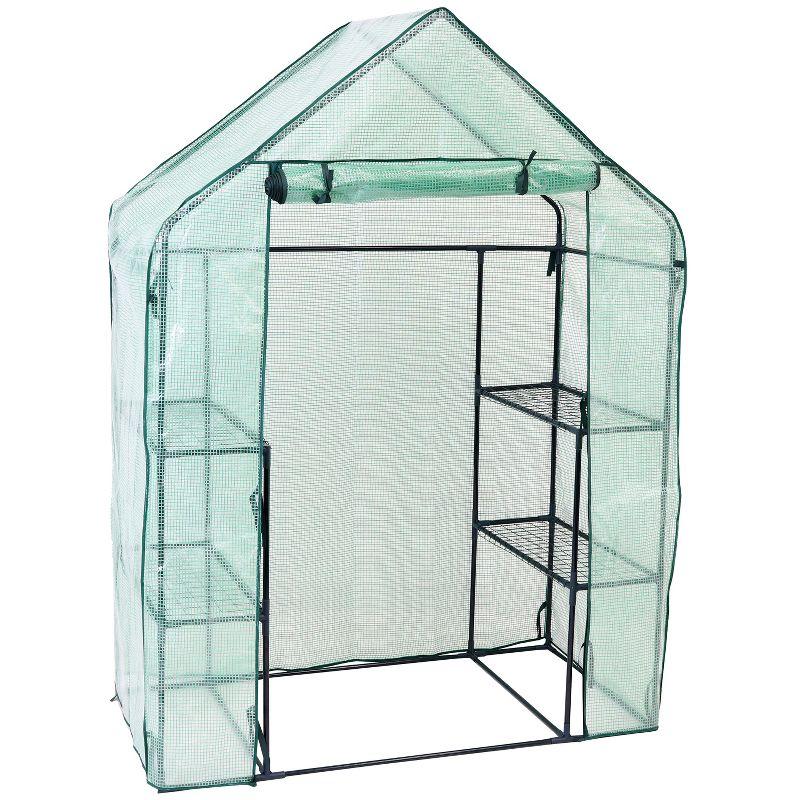 Sunnydaze Outdoor Portable Tiered Growing Rack Deluxe Walk-In Greenhouse with Roll-Up Door - 4 Shelves - Green