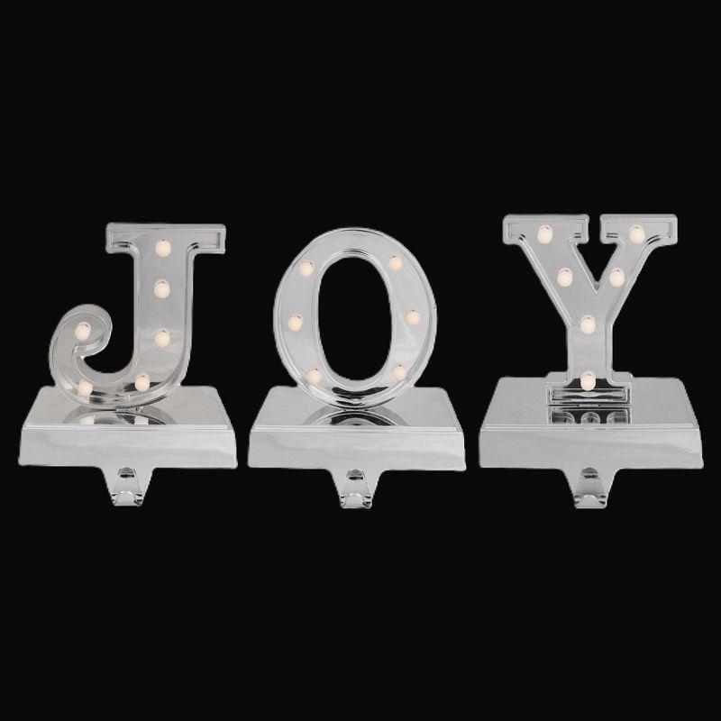 Set of 3 Silver LED Lighted "JOY" Christmas Stocking Holder 6.5"