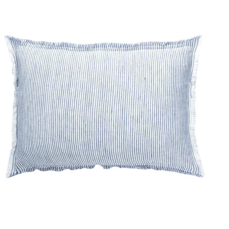 Blue Pinstripe Fringe Linen Pillow 26x26 Down Alternative Insert