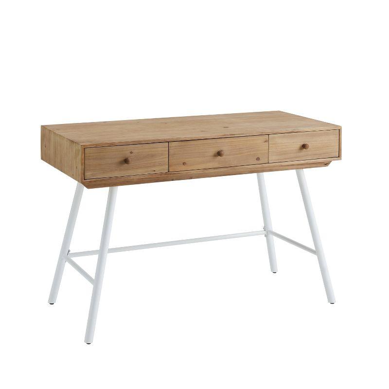 Natural Wood and White 3-Drawer Desk with Iron Legs