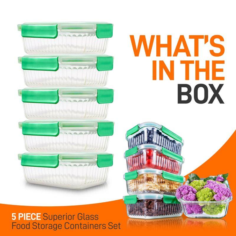 NutriChef 5-Piece Superior Glass Food Storage Containers Set - Stackable Design, Newly BPA-free Airtight Locking lids with Wave Design