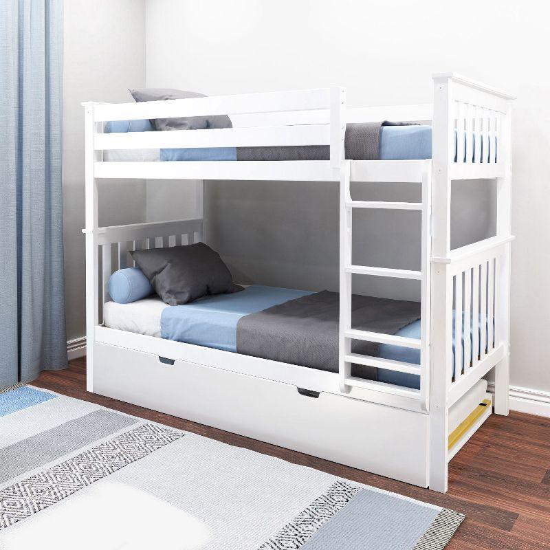 White Twin Over Twin Bunk Bed with Trundle and Storage