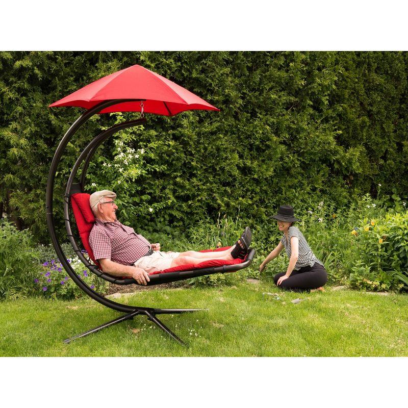 84” Red Outdoor Lounge Chair with Overhanging Umbrella