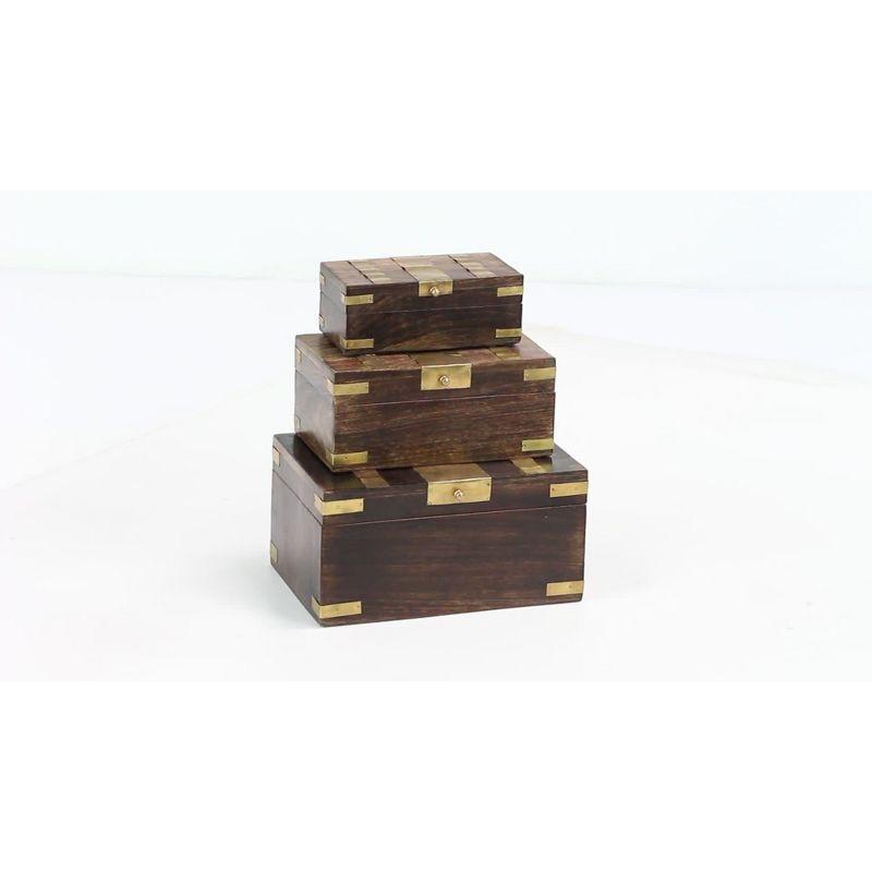 Olivia & May Set of 3 Traditional Brass Inlaid Wooden Boxes: Mango Wood Craftsmanship, Rectangular with Spot Clean Care