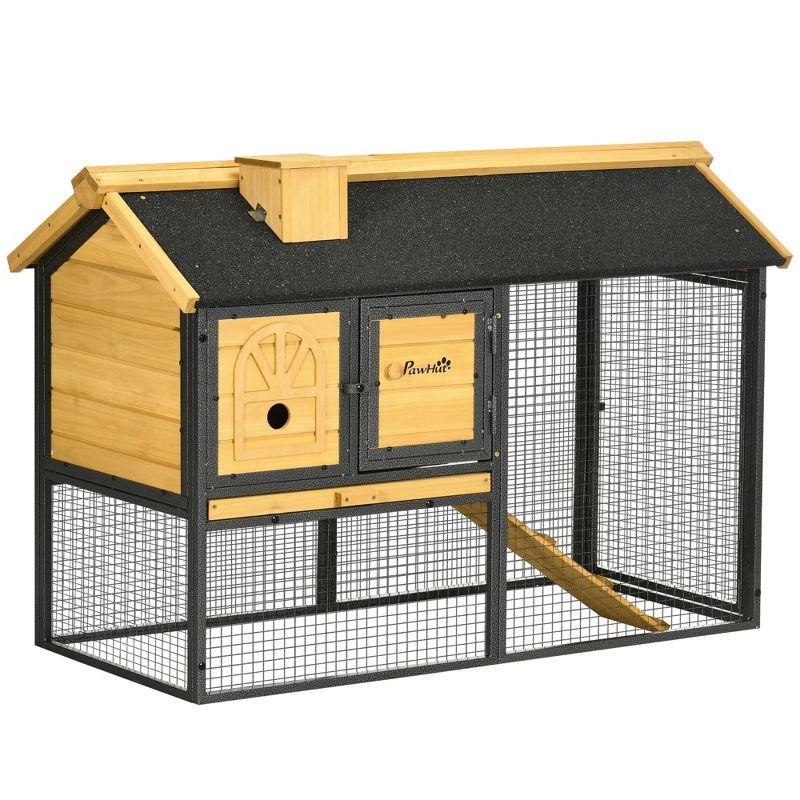 PawHut 47" Wooden Rabbit Hutch Outdoor with Run, Metal Frame, 2-Story Bunny Rabbit Cage with Tray, Ramp, Bunny Hutch with Space-Saving Design