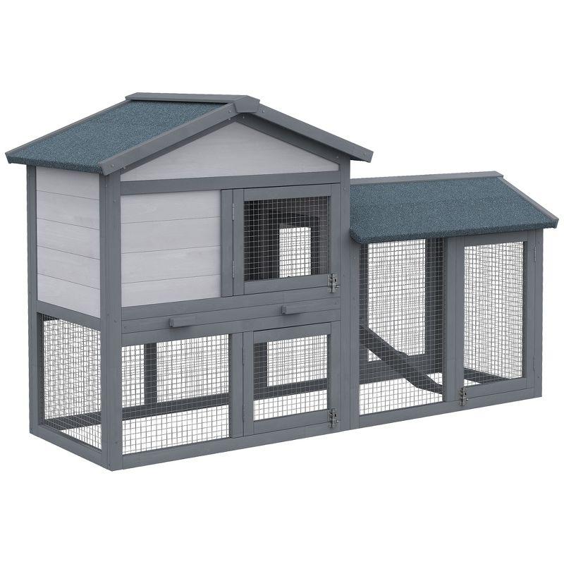 Dark Gray and White Wooden Guinea Pig Hutch with Run