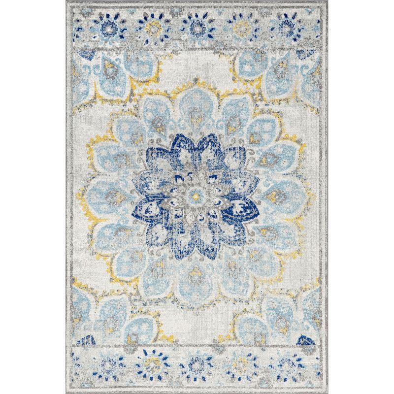 Blue Floral Synthetic Reversible Area Rug, 62" Length