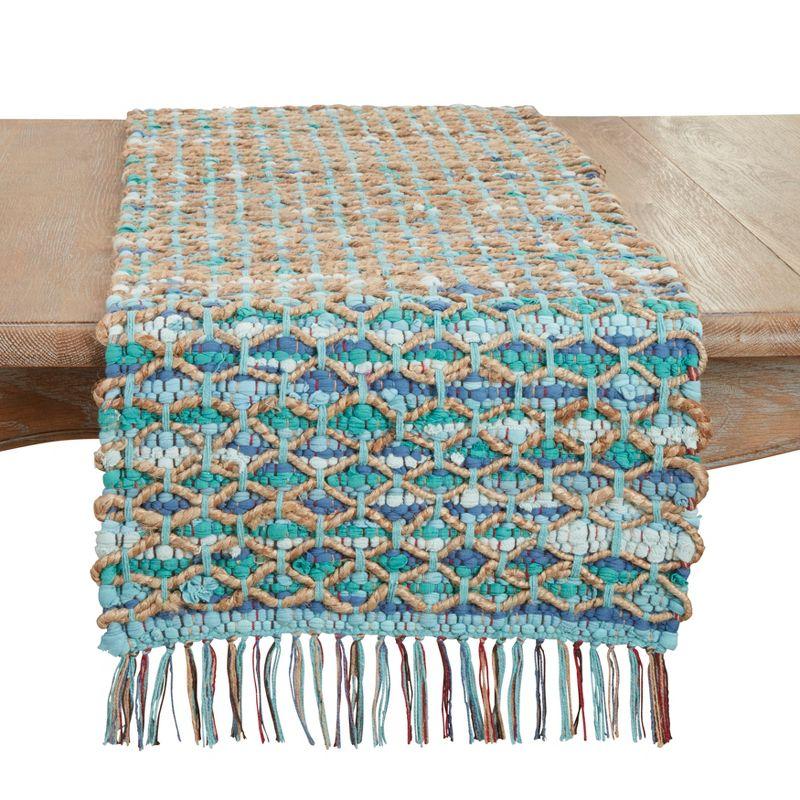 Handwoven Blue and Beige Chindi Table Runner, 16"x72"