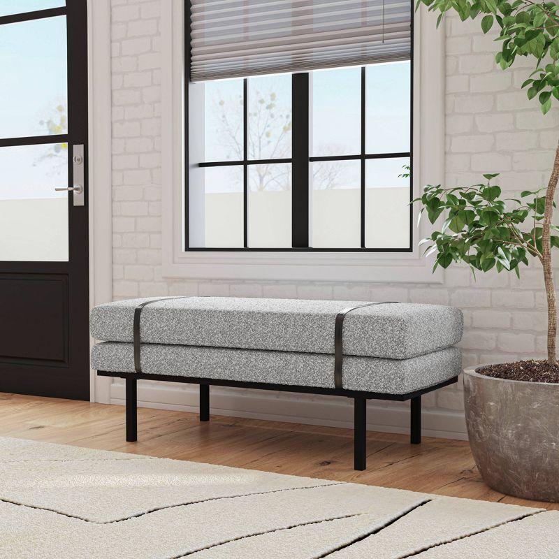 HomePop Upholstered Bench Gray Boucle: Modern Entryway & End of Bed Seating, Metal Legs, Faux Leather Detail