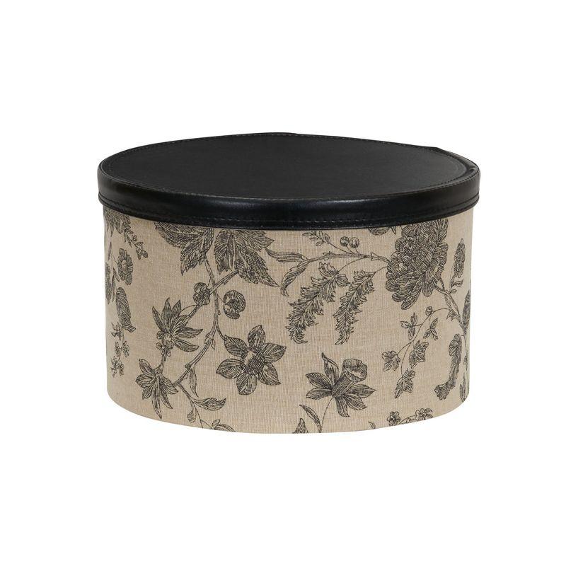 Round Hat Boxes with Lids, Detailed Floral Print with Faux Leather Lids, Large, Medium and Small, Black and Tan