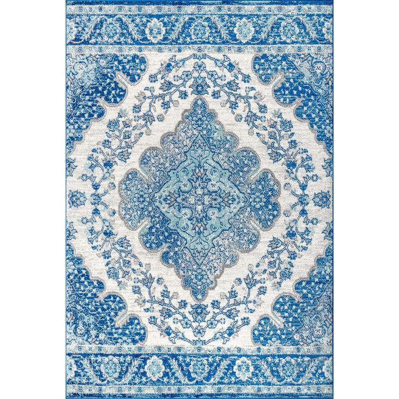 Reversible Cream/Blue Synthetic 4' x 6' Vintage Medallion Rug