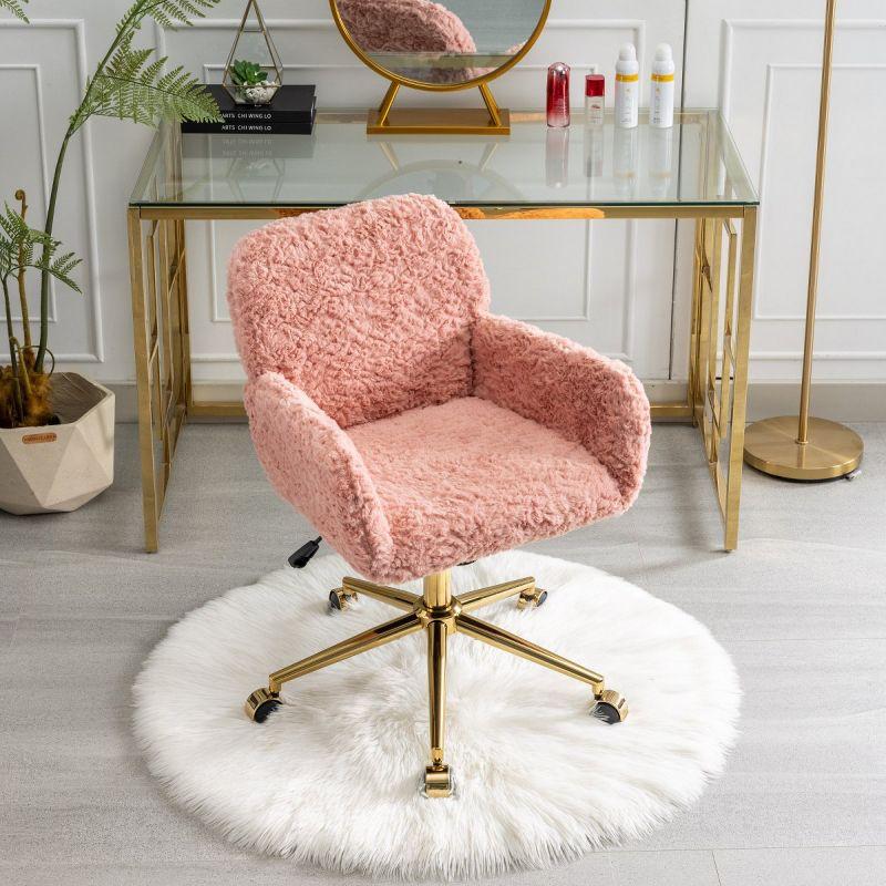 Pink Artificial Rabbit Fur Home Office Chair, Adjustable Swivel Desk Chair with Gold Metal Base and Wheels - The Pop Home