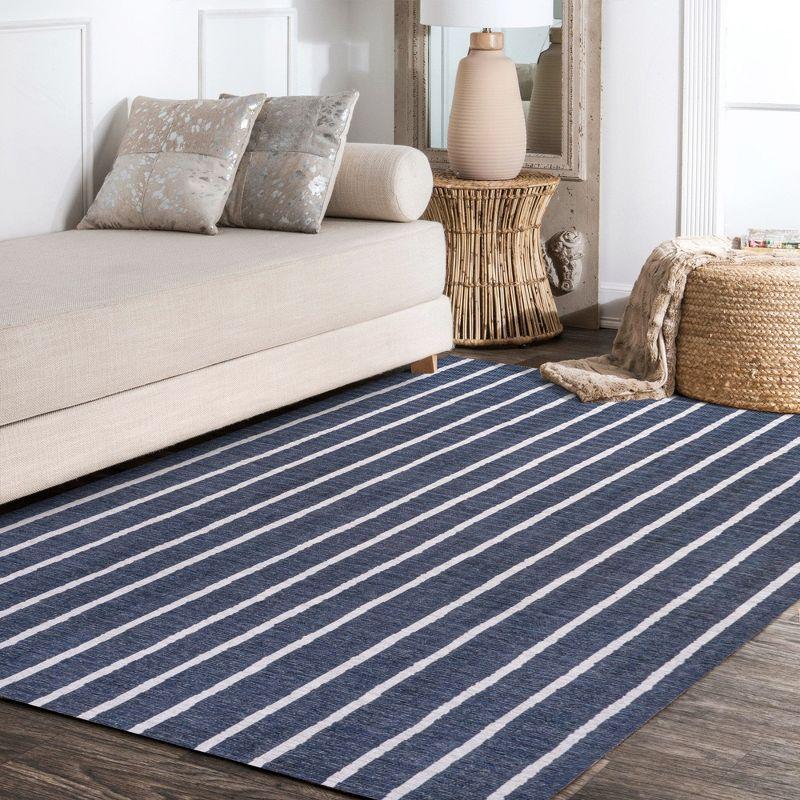 5' x 8' Rand Distressed Ticking Stripe Machine-Washable Area Rug, Navy/Ivory - JONATHAN Y