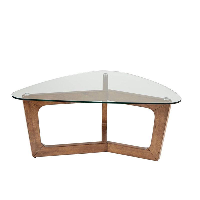 Triangular Pecan Wood Coffee Table with Glass Top