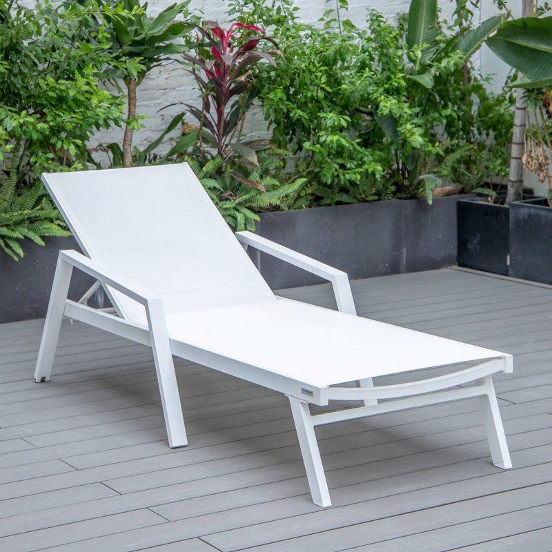 LeisureMod Marlin Patio Sling Chaise Lounge Chair With Arms in White Aluminum, White