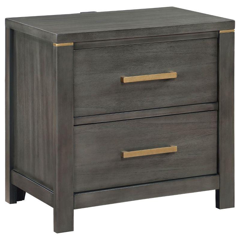 Gray Pine Transitional 2-Drawer Nightstand with Brass Accents