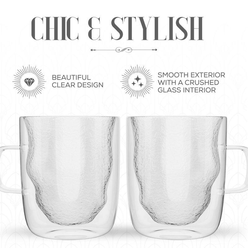 Elle Decor Set of 2 Insulated Coffee Mugs, 13-Oz Double Wall Crushed Design Glasses, Clear