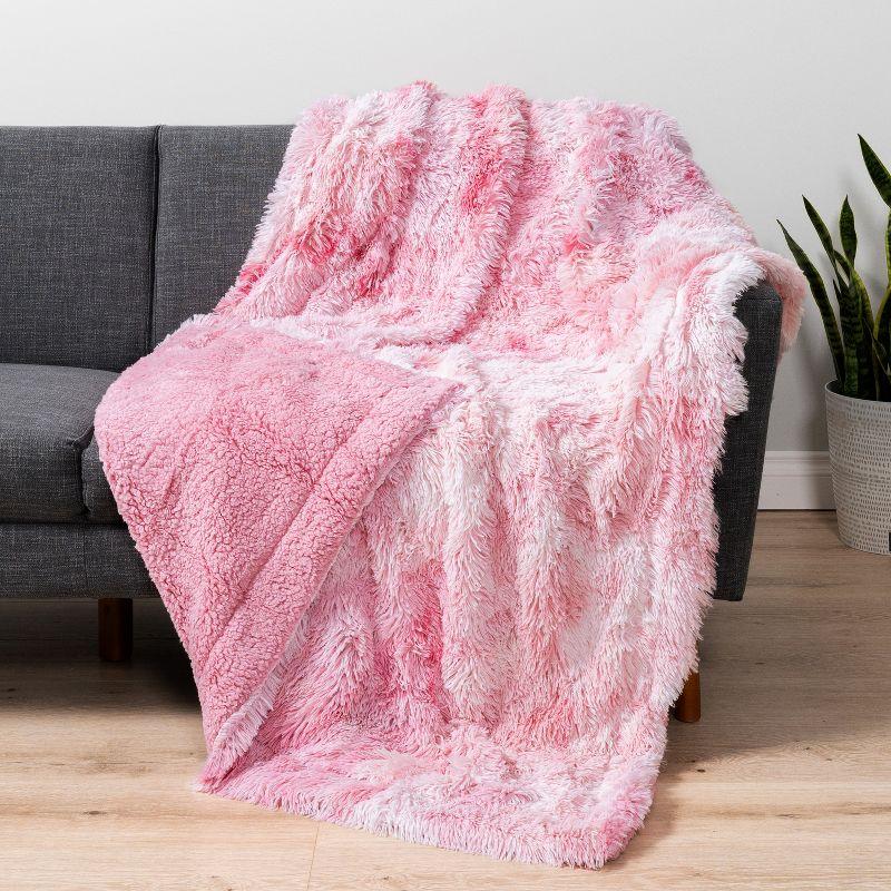 PAVILIA Fluffy Faux Fur Reversible Throw Blanket for Bed, Sofa, and Couch