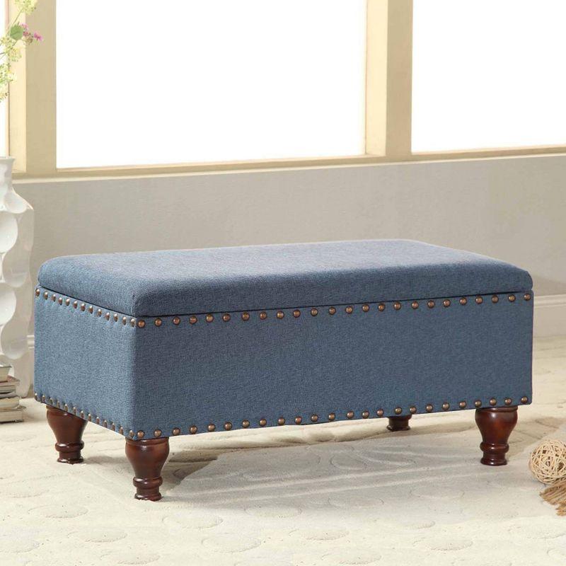 Elegant Nailhead Trim Storage Ottoman Bench in Linen-Blue