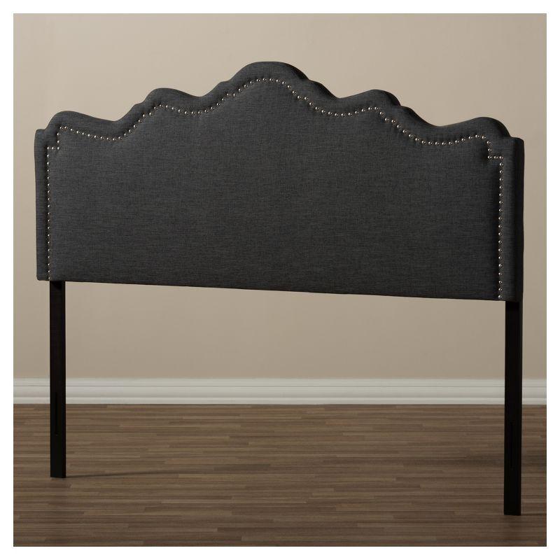 Nadeen Queen Dark Grey Leather Upholstered Headboard with Silver Trim