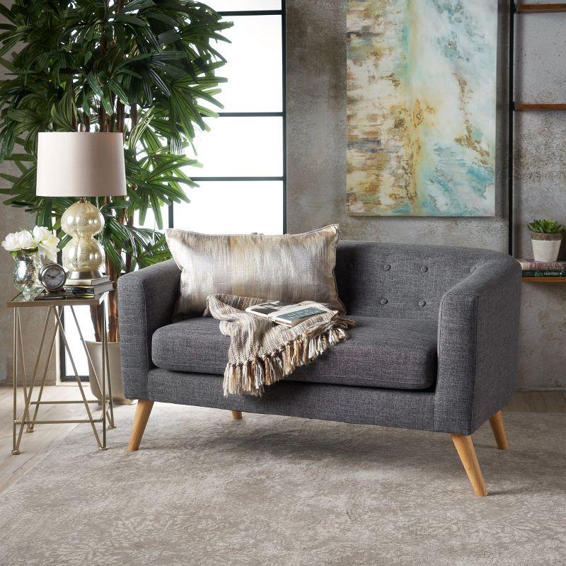 Mid-Century Modern Tufted Fabric Loveseat in Gray with Wood Accents