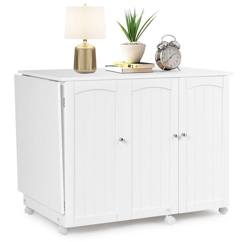 Folding Sewing Table Shelves Storage Cabinet Craft Cart W/Wheels Large White