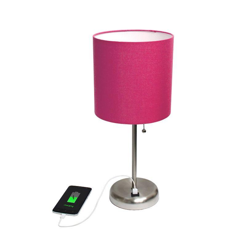 Creekwood Home 19.5" Bedside USB Port Feature Metal Table Desk Lamp Brushed Steel with Pink Fabric Shade: ETL Listed, No Assembly Required