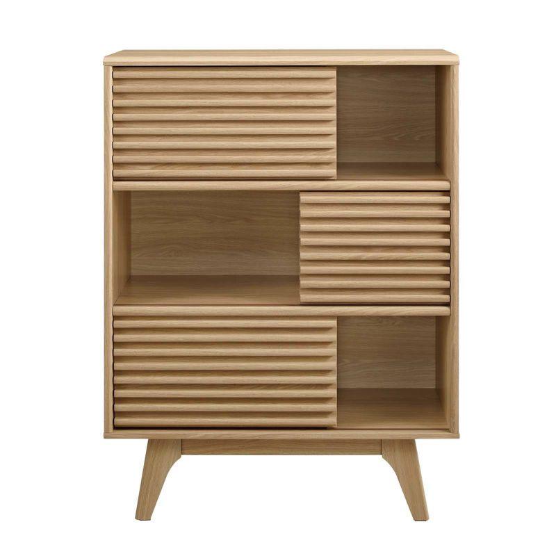 Render 3 Tier Display Storage Cabinet Stand Oak - Modway: Modern Media Console, Vinyl Record Organizer