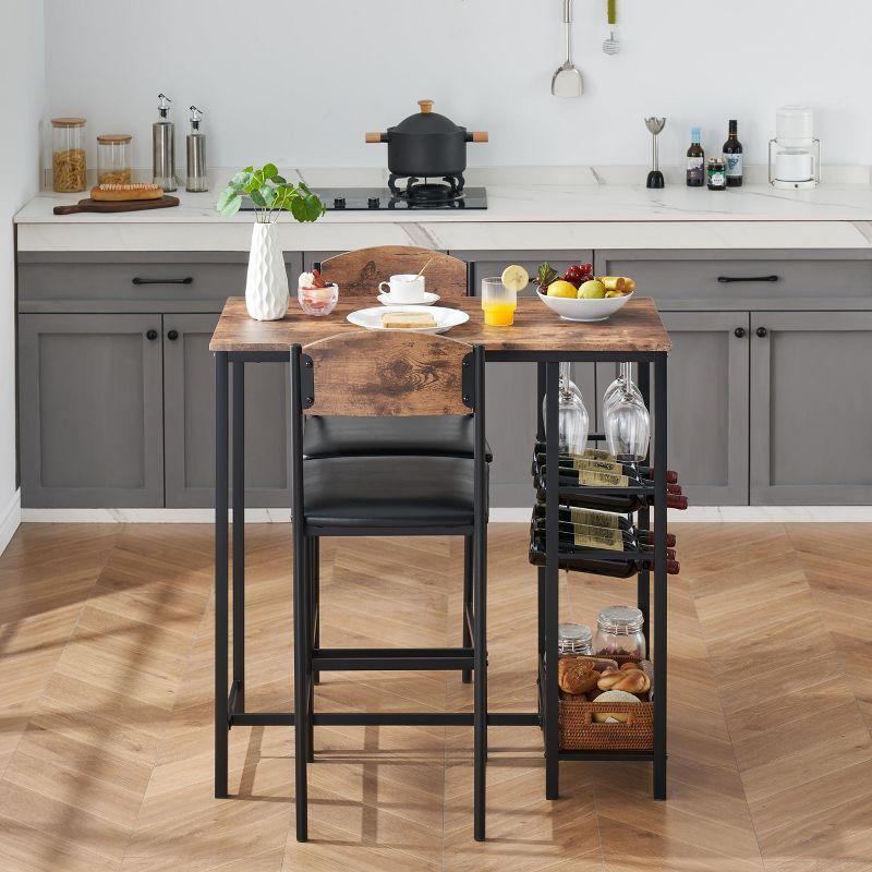 Whizmax Bar Table Set for 2 with Footrest, Kitchen Dining Table with 2 Upholstered Chairs, Small Space Counter Height Barstools for Counter Bar, Brown