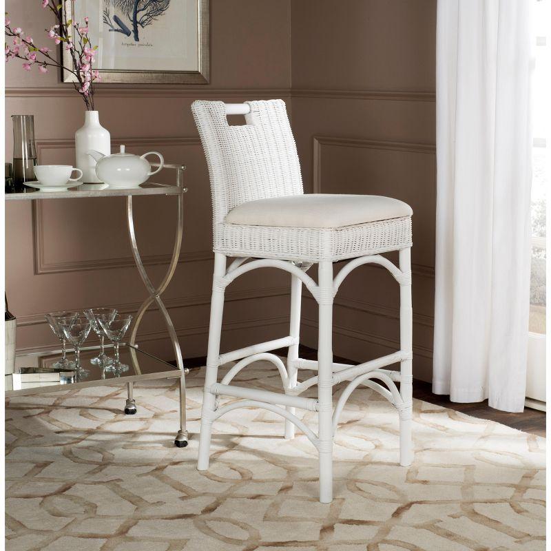 Transitional White Rattan Bar Stool with Comfy Cushion